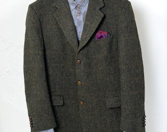 Harris Tweed Green Herringbone Wool Plaid Blazer, US 44R, EU 54