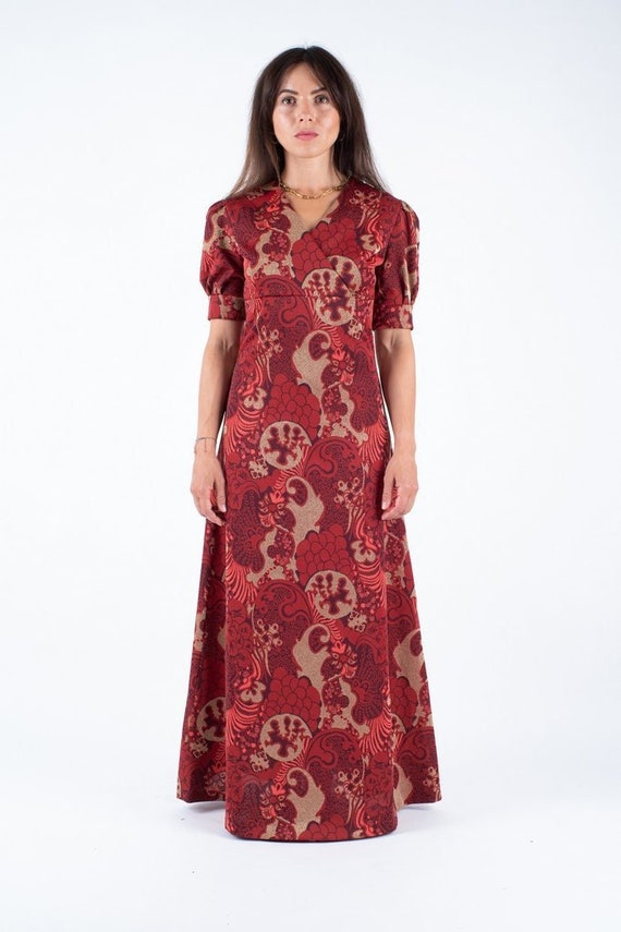 Vintage 70's Burgundy Red Floral Puff Sleeve Maxi… - image 1