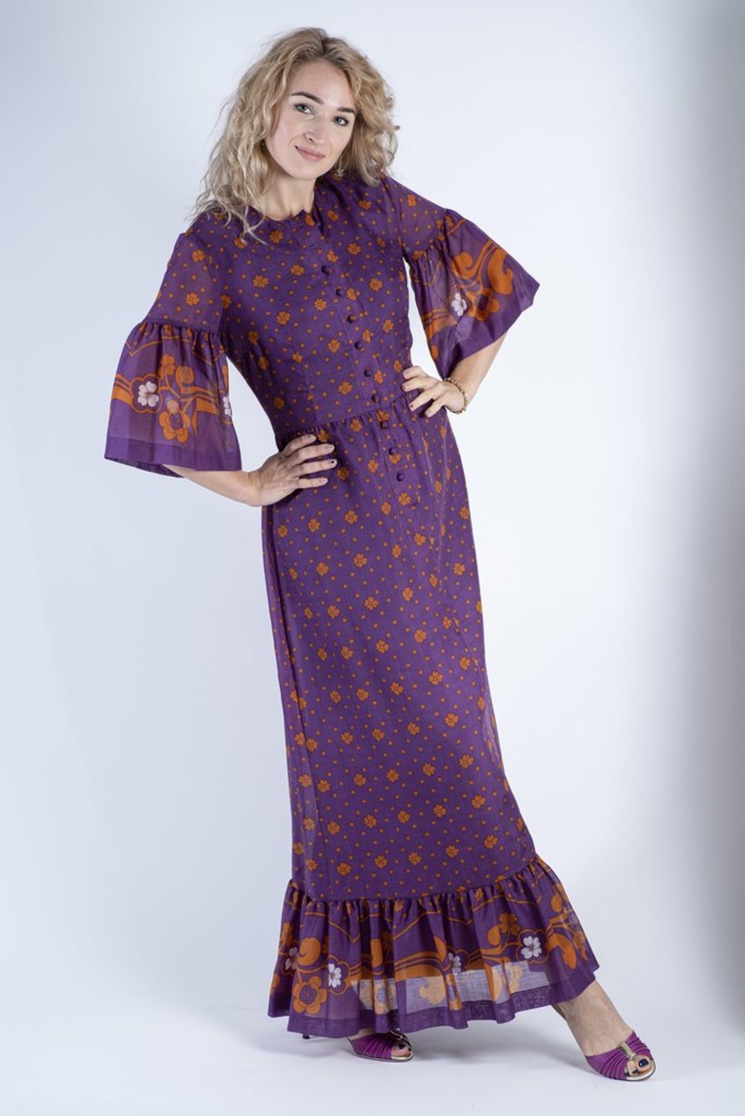 VTG 70s 'VERENA MODELLE' WHITE PINK PURPLE FLORAL FOLK BOHO MAXI DRESS XS 6