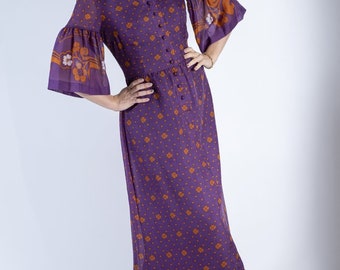 Vintage 70's Boho Chic Purple Floral Lightweight Maxi Dress, Size M