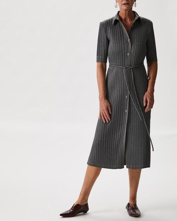 Adolfo Dominguez Pleated Gray Midi Shirt Dress, S… - image 10