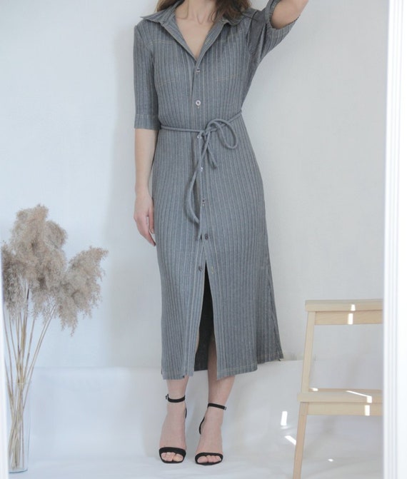 Adolfo Dominguez Pleated Gray Midi Shirt Dress, S… - image 1