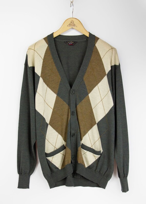Paul & Shark Khaki Green Argyle 100% Wool Cardigan