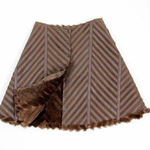 Brown Leather Shearling Double Sided Patchwork Skirt, SIZE XS