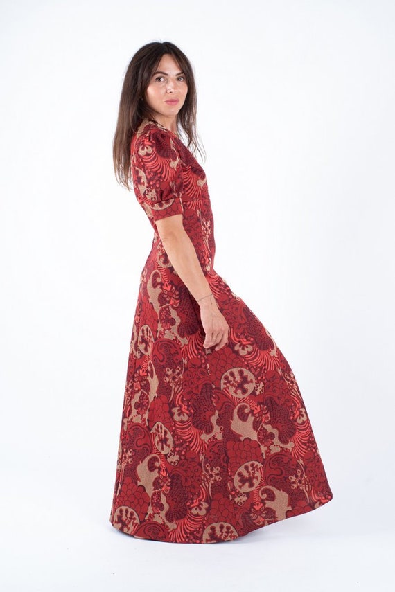 Vintage 70's Burgundy Red Floral Puff Sleeve Maxi… - image 2