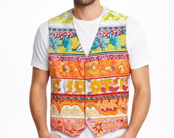 Chaleco de algodón con estampado floral y paisley de Moschino, talla L para hombre, fabricado en Italia.
