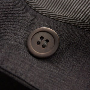 Puede incluir: Primer plano de un bot&oacute;n gris oscuro con cuatro agujeros. El bot&oacute;n est&aacute; cosido a un trozo de tela gris oscuro.
