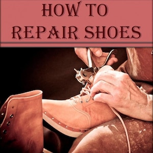 May include: A close-up of a person repairing a brown leather shoe with a leather punch tool. The shoe has white laces and a white sole.
