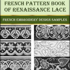 Peut inclure: Une collection de motifs de dentelle française de la Renaissance, présentant des motifs floraux complexes et des détails délicats. Les motifs sont présentés sous forme d'illustrations en noir et blanc sur un fond sombre.