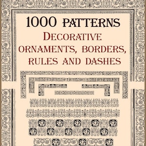Könnte beinhalten: Ein Vintage-Buchcover mit dem Titel "1000 Muster Dekorative Ornamente, Bordüren, Regeln und Striche". Das Cover zeigt eine Vielzahl von schwarz-weißen Dekormustern, darunter Bordüren, Ornamente und Regeln.