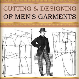 Puede incluir: Una ilustración en blanco y negro de un patrón de prenda para hombre con medidas y etiquetas. La ilustración muestra la parte delantera y trasera de una chaqueta, con detalles para el cuello, las mangas y los bolsillos. Un hombre con un abrigo negro y pantalones a cuadros se encuentra junto al patrón.