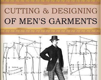 May include: A black and white illustration of a men's garment pattern with measurements and labels. The illustration shows the front and back of a jacket, with details for the collar, sleeves, and pockets. A man in a black coat and plaid trousers stands next to the pattern.