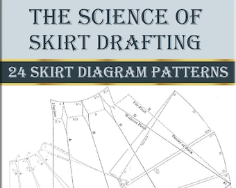 May include: A black and white diagram showing 24 different skirt patterns. The diagram includes measurements in inches and labels for different parts of the skirt, such as "center of back" and "for pleat". The title of the diagram is "The Science of Skirt Drafting 24 Skirt Diagram Patterns".