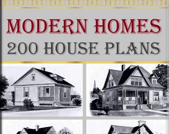 Puede incluir: Una portada de libro con el título "MODERN HOMES 200 HOUSE PLANS" en rojo y negro. La portada presenta cuatro ilustraciones en blanco y negro de diferentes diseños de casas.
