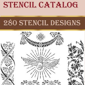 May include: A black and white image of 280 stencil designs. The designs include a bird with a sunburst, a floral border, and a decorative banner.