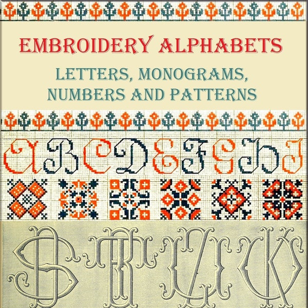 alphabet de broderie vintage, lettres, livre de monogrammes, motif de point de croix