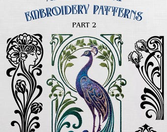May include: A digital collection titled ART NOUVEAU EMBROIDERY PATTERNS PART 2 by VINTAGE CRAFT STUDIO. It features a central embroidered peacock in blue and green tones, surrounded by four black and white floral and portrait line art designs.