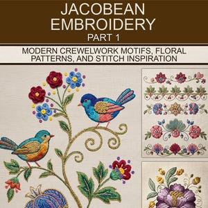Op de afbeelding: Een digitale gids getiteld JACOBEAN EMBROIDERY PART 1 MODERN CREWELWORK MOTIFS, FLORAL PATTERNS, AND STITCH INSPIRATION. Het toont kleurrijke geborduurde vogels, bloemen en bladeren op lichte stof, met extra rand- en bloemmotieven.