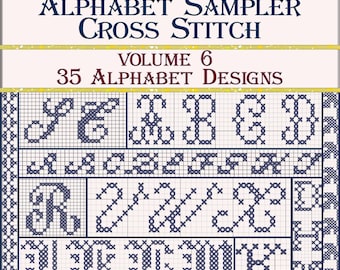 May include: A vintage cross-stitch alphabet sampler design. The image features a grid of letters in a dark blue color, with the words "VINTAGE ALPHABET SAMPLER CROSS STITCH" at the top. The text "VOLUME 6 35 ALPHABET DESIGNS" is also visible.