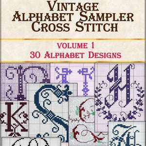 Alfabeto vintage simples em ponto cruz, padrão de monograma, 30 designs antigos em ponto cruz