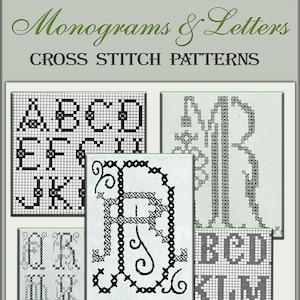 Monogramas e letras padrão de desenhos de alfabeto em ponto cruz, fontes francesas vintage