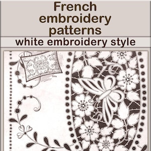 Puede incluir: Un patrón de bordado vintage con un diseño de mariposa y flores. El patrón es en blanco y negro y está etiquetado como "French embroidery patterns white embroidery style".
