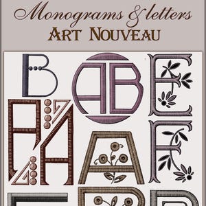 May include: A collection of Art Nouveau style alphabet letters and monograms in various colours and designs. The letters are stylised with floral and geometric patterns.