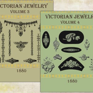 Può includere: Due pagine di un libro intitolato "Victorian Jewelry" con illustrazioni in bianco e nero di disegni di gioielli. La prima pagina è il Volume 3 e la seconda pagina è il Volume 4, entrambe datate 1880.