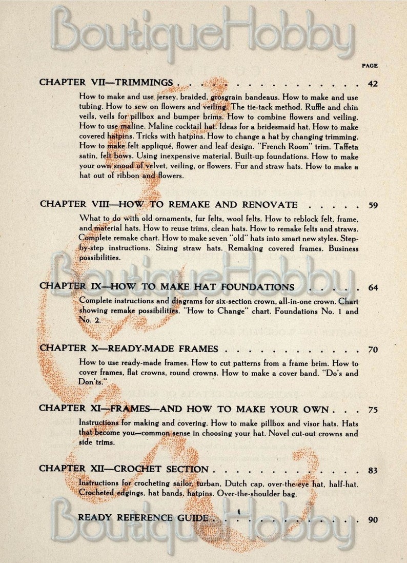May include: A vintage book titled "Boutique Hobby" with a detailed table of contents for hat making and renovation. Chapters include "Trimmings", "How to Remake and Renovate", "How to Make Hat Foundations", "Ready-Made Frames", "Frames-And How to Make Your Own", and "Crochet Section".