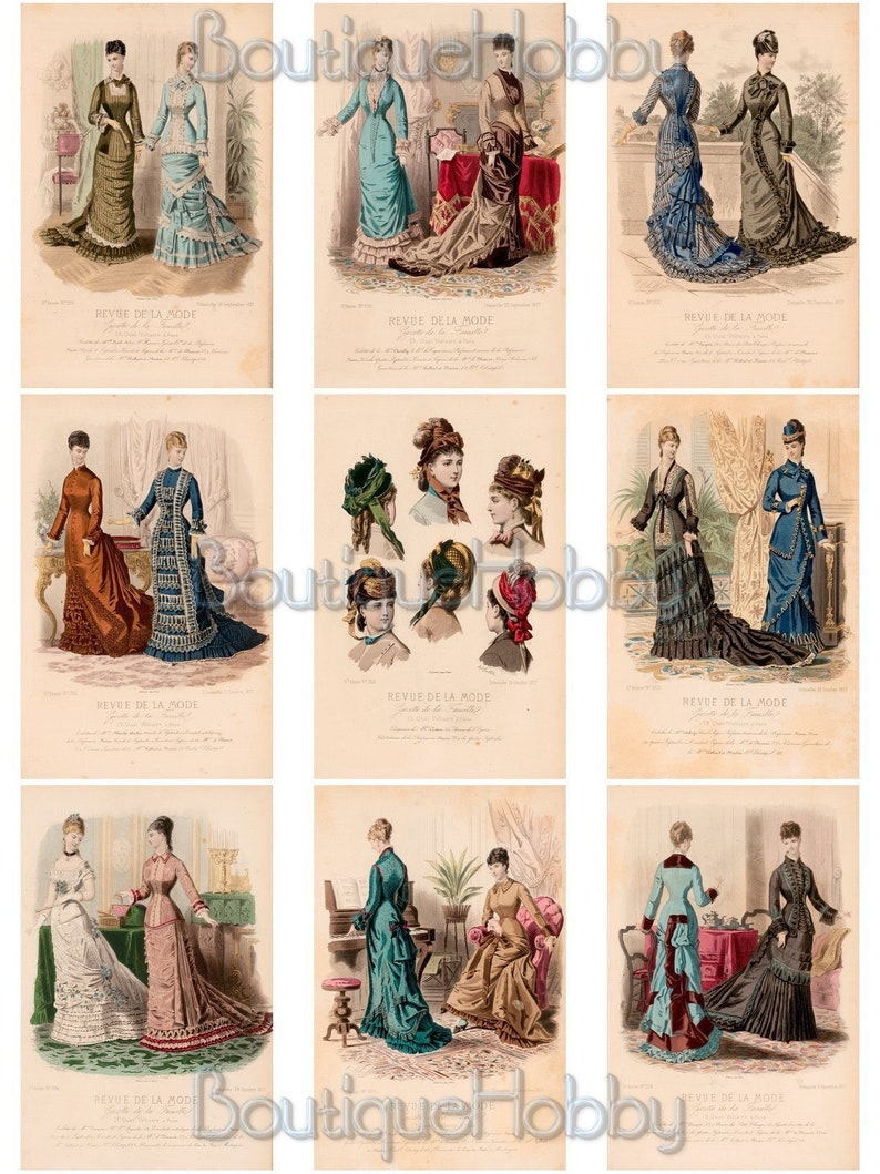 Puede incluir: Nueve ilustraciones vintage de mujeres con vestidos de moda de la d&eacute;cada de 1800. Las ilustraciones son en blanco y negro con acentos de color. Cada ilustraci&oacute;n est&aacute; etiquetada como "Revue de la Mode".