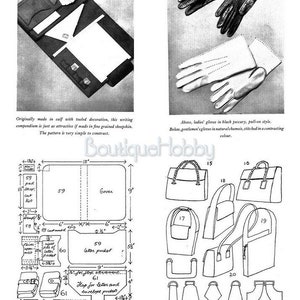 Op de afbeelding: Een zwart-witte lijntekening van een leren schrijfcompendium met een gedetailleerd diagram van de patroondelen. De tekst in de afbeelding luidt: "Oorspronkelijk gemaakt van kalfsleer met gegraveerde decoratie, is dit schrijfcompendium net zo aantrekkelijk als het gemaakt is van fijn gekorreld schapenleer. Het patroon is heel eenvoudig te construeren."