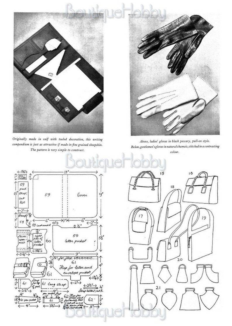 Op de afbeelding: Een zwart-witte lijntekening van een leren schrijfcompendium met een gedetailleerd diagram van de patroondelen. De tekst in de afbeelding luidt: "Oorspronkelijk gemaakt van kalfsleer met gegraveerde decoratie, is dit schrijfcompendium net zo aantrekkelijk als het gemaakt is van fijn gekorreld schapenleer. Het patroon is heel eenvoudig te construeren."