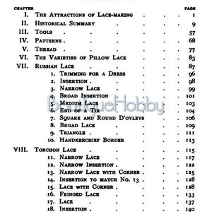 Puede incluir: Una p&aacute;gina en blanco y negro de un libro titulado "Boutique Hobby" con una tabla de contenido que enumera los diferentes tipos de encaje y sus n&uacute;meros de p&aacute;gina correspondientes.