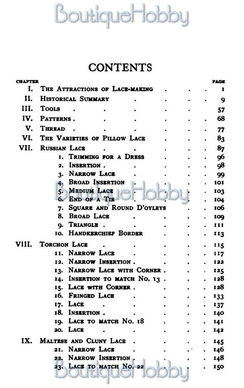 Puede incluir: Una p&aacute;gina en blanco y negro de un libro titulado "Boutique Hobby" con una tabla de contenido que enumera los diferentes tipos de encaje y sus n&uacute;meros de p&aacute;gina correspondientes.