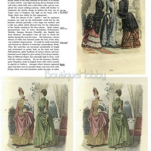 Może przedstawiać: Winietkowa ilustracja mody z 1884 i 1885 roku przedstawiająca trzy kobiety w bogato zdobionych sukniach z koronką, falbankami i kokardkami. Kobiety stoją w pokoju z oknem i stołem. Ilustracja pochodzi z czasopisma modowego i zawiera tekst "Dame Fashion".