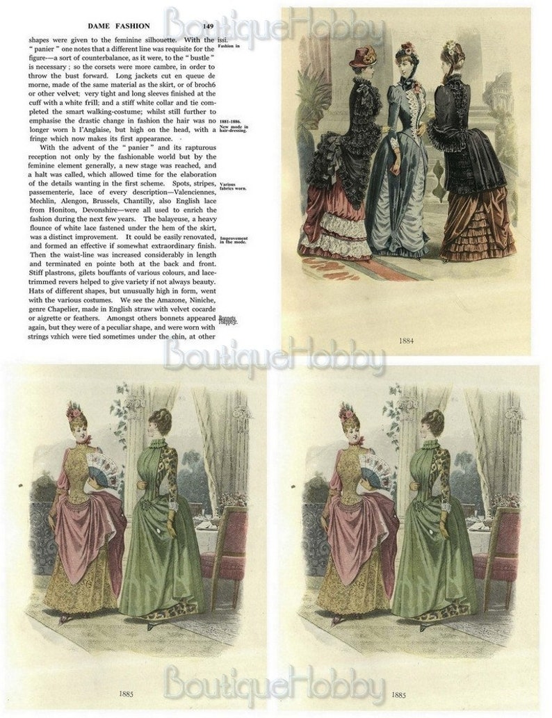 Może przedstawiać: Winietkowa ilustracja mody z 1884 i 1885 roku przedstawiająca trzy kobiety w bogato zdobionych sukniach z koronką, falbankami i kokardkami. Kobiety stoją w pokoju z oknem i stołem. Ilustracja pochodzi z czasopisma modowego i zawiera tekst "Dame Fashion".