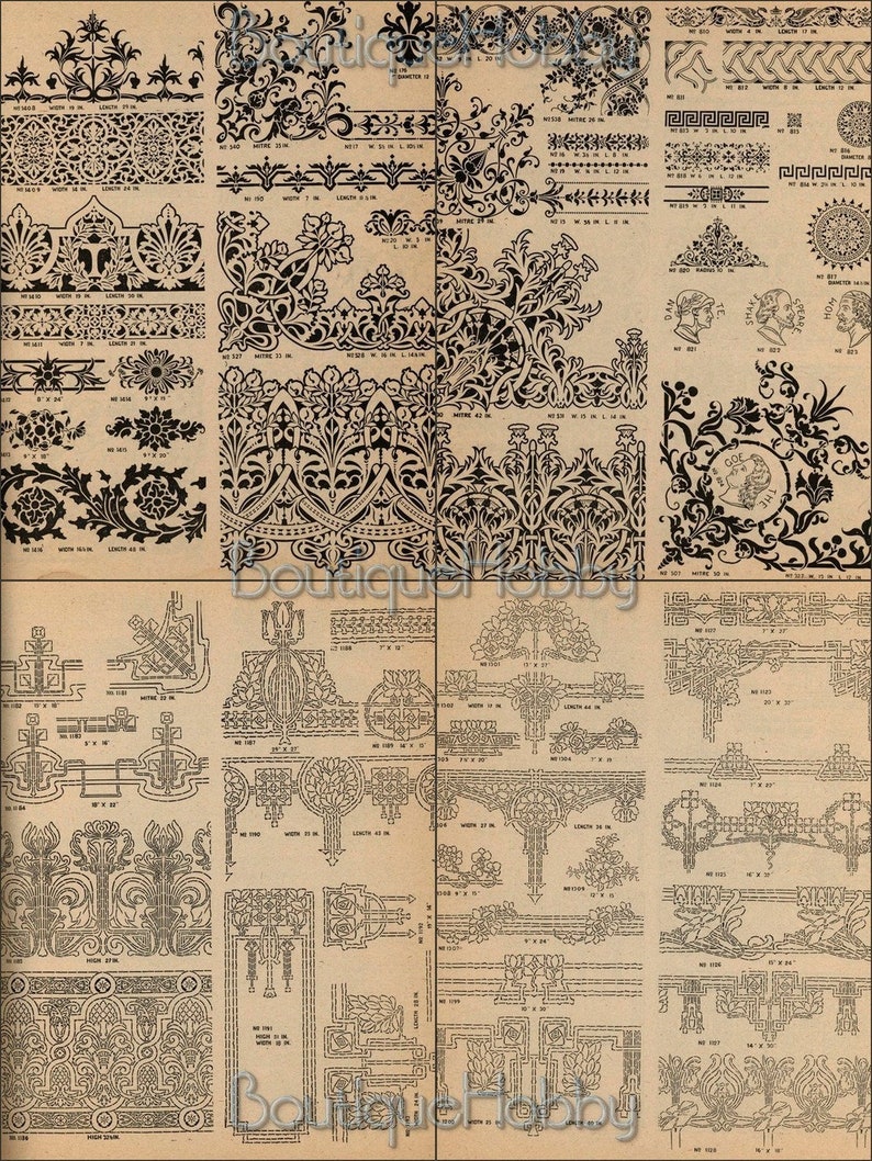 May include: A vintage sheet of black and white illustrations of decorative patterns and borders. The designs are intricate and detailed, featuring floral motifs, geometric shapes, and stylized figures. The sheet is labeled with numbers and measurements, suggesting it was intended for use in crafts or design.