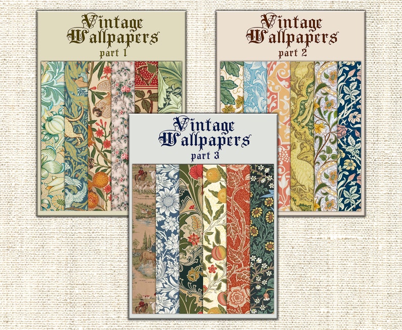 Peut inclure: Trois ensembles de papiers peints vintage. Chaque ensemble comprend six motifs diff&eacute;rents avec des motifs floraux et botaniques. Les ensembles sont &eacute;tiquet&eacute;s "Vintage Wallpapers" avec le num&eacute;ro de partie, 1, 2 et 3.