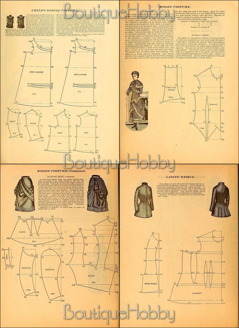 May include: A vintage sewing pattern booklet with instructions and diagrams for making a child's blouse, a misses' costume, and a ladies' basque. The patterns are printed on yellowed paper with black ink.