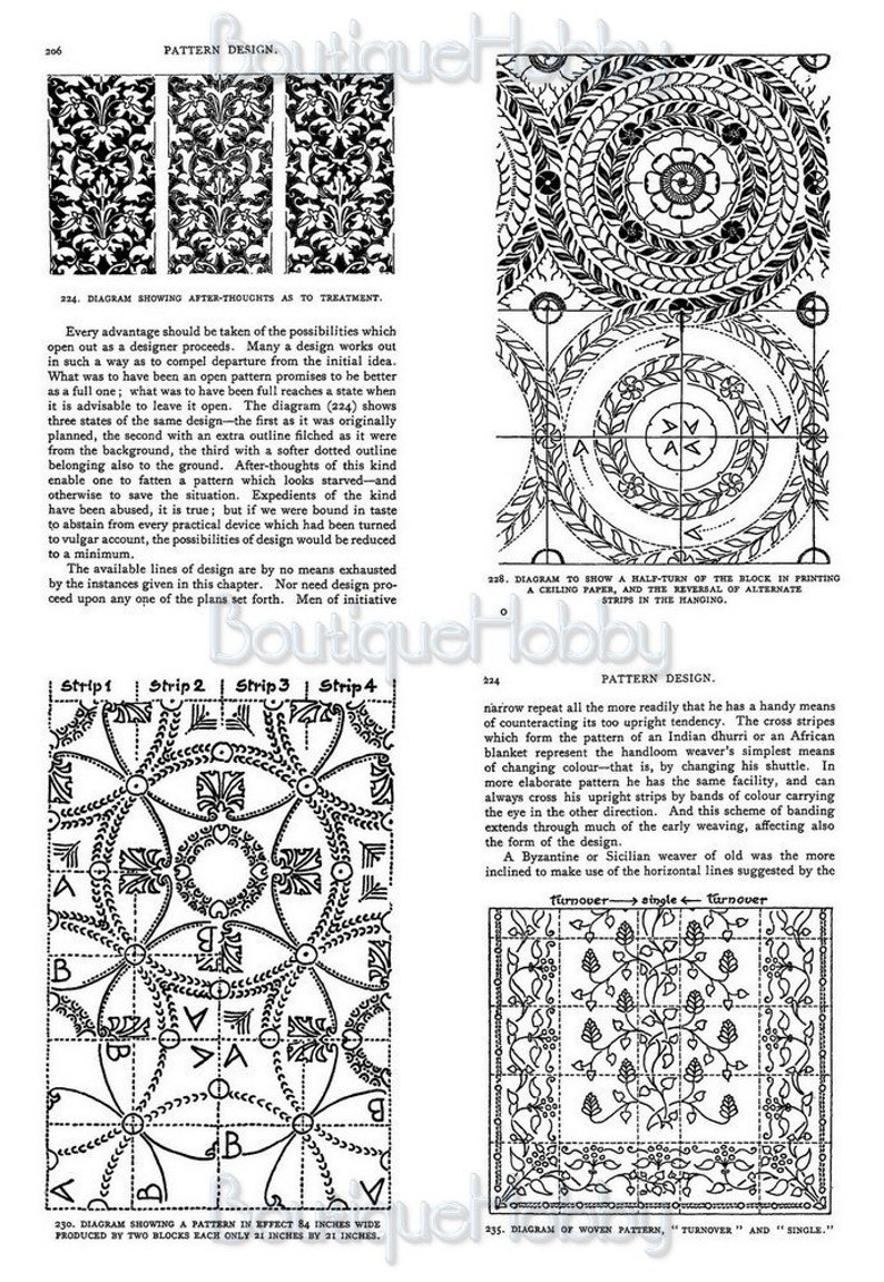 K&ouml;nnte beinhalten: Eine Schwarzwei&szlig;illustration eines Musterdesigns mit vier Streifen. Das Muster besteht aus sich wiederholenden Kreisen und Bl&auml;ttern. Die Illustration ist mit "Streifen 1", "Streifen 2", "Streifen 3" und "Streifen 4" beschriftet.