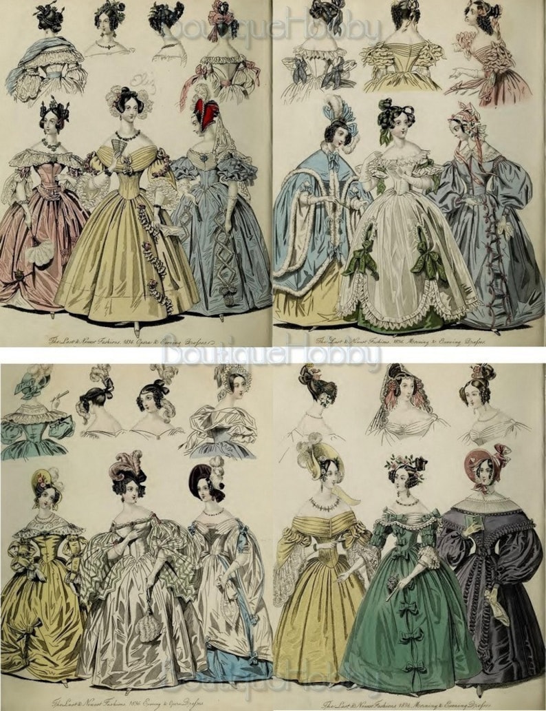 K&ouml;nnte beinhalten: Eine Vintage-Modeillustration, die Frauen in verschiedenen Stilen von Kleidern und H&uuml;ten zeigt. Die Illustration ist in vier Abschnitte unterteilt, jeder mit einem anderen Thema. Der erste Abschnitt zeigt Frauen in Kleidern f&uuml;r Oper und Abendgarderobe. Der zweite Abschnitt zeigt Frauen in Kleidern f&uuml;r Morgen- und Abendgarderobe. Der dritte Abschnitt zeigt Frauen in Kleidern f&uuml;r Abend- und Operngarderobe. Der vierte Abschnitt zeigt Frauen in Kleidern f&uuml;r Morgen- und Abendgarderobe.