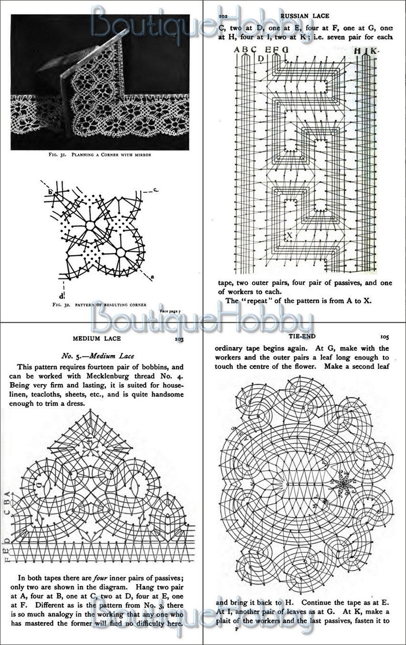 Puede incluir: Un diagrama en blanco y negro que muestra c&oacute;mo hacer un patr&oacute;n de encaje. El diagrama incluye instrucciones para hacer una esquina con un espejo y un patr&oacute;n de esquinas resultantes. El texto de la imagen dice "Planning a Corner with Mirror" y "Pattern of Resulting Corner".