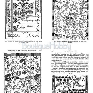 K&ouml;nnte beinhalten: Schwarzwei&szlig;-Illustration eines floralen Musters. Das Bild zeigt ein Diagramm eines Tischdamask-Musters, das auf den Linien eines Diagramms geplant ist. Das Bild zeigt auch ein Diagramm einer Farb&auml;nderung in Kettf&auml;den. Das Bild zeigt auch ein Diagramm, das die Umkehrung des Designs im Chenille-Weben zeigt.