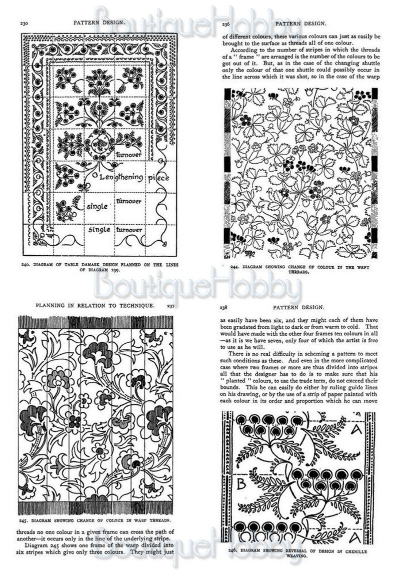 K&ouml;nnte beinhalten: Schwarzwei&szlig;-Illustration eines floralen Musters. Das Bild zeigt ein Diagramm eines Tischdamask-Musters, das auf den Linien eines Diagramms geplant ist. Das Bild zeigt auch ein Diagramm einer Farb&auml;nderung in Kettf&auml;den. Das Bild zeigt auch ein Diagramm, das die Umkehrung des Designs im Chenille-Weben zeigt.