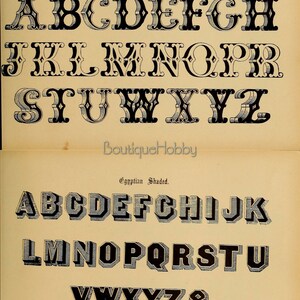 May include: Two sets of alphabet letters in black and white. The first set is an ornamental font with a decorative design. The second set is a shaded Egyptian font.