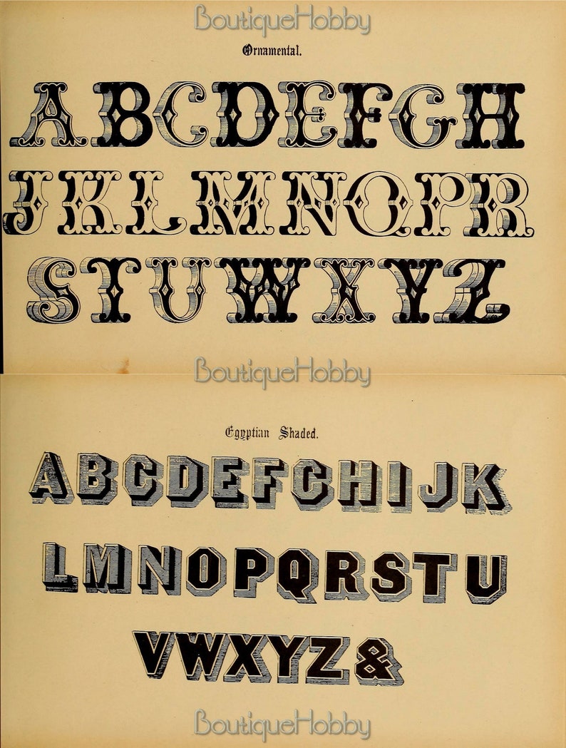May include: Two sets of alphabet letters in black and white. The first set is an ornamental font with a decorative design. The second set is a shaded Egyptian font.
