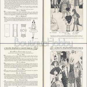 Op de afbeelding: Een vintage boekpagina met zwart-wit illustraties van cr&ecirc;pepapierkostuums. De pagina bevat instructies voor het maken van kostuums voor vlinder, Halloween, roos, boer, bloem, Valentijnsdag, gedecoreerd cr&ecirc;pe, gerimpeld, viooltje, vogel, Ierse lassie, herfst, patriottisch en koningin van harten. De tekst bevat de woorden "Cr&ecirc;pepapierkostuums" en "Slip-overkostuums".
