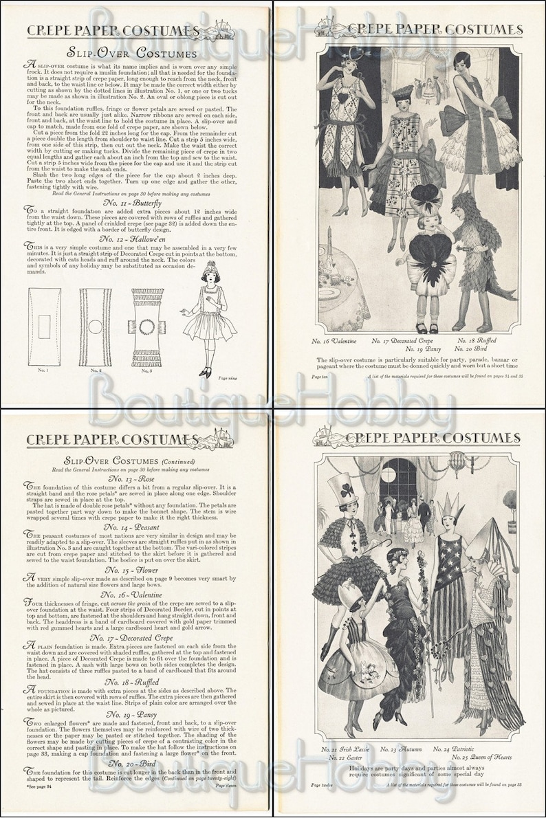 Op de afbeelding: Een vintage boekpagina met zwart-wit illustraties van cr&ecirc;pepapierkostuums. De pagina bevat instructies voor het maken van kostuums voor vlinder, Halloween, roos, boer, bloem, Valentijnsdag, gedecoreerd cr&ecirc;pe, gerimpeld, viooltje, vogel, Ierse lassie, herfst, patriottisch en koningin van harten. De tekst bevat de woorden "Cr&ecirc;pepapierkostuums" en "Slip-overkostuums".