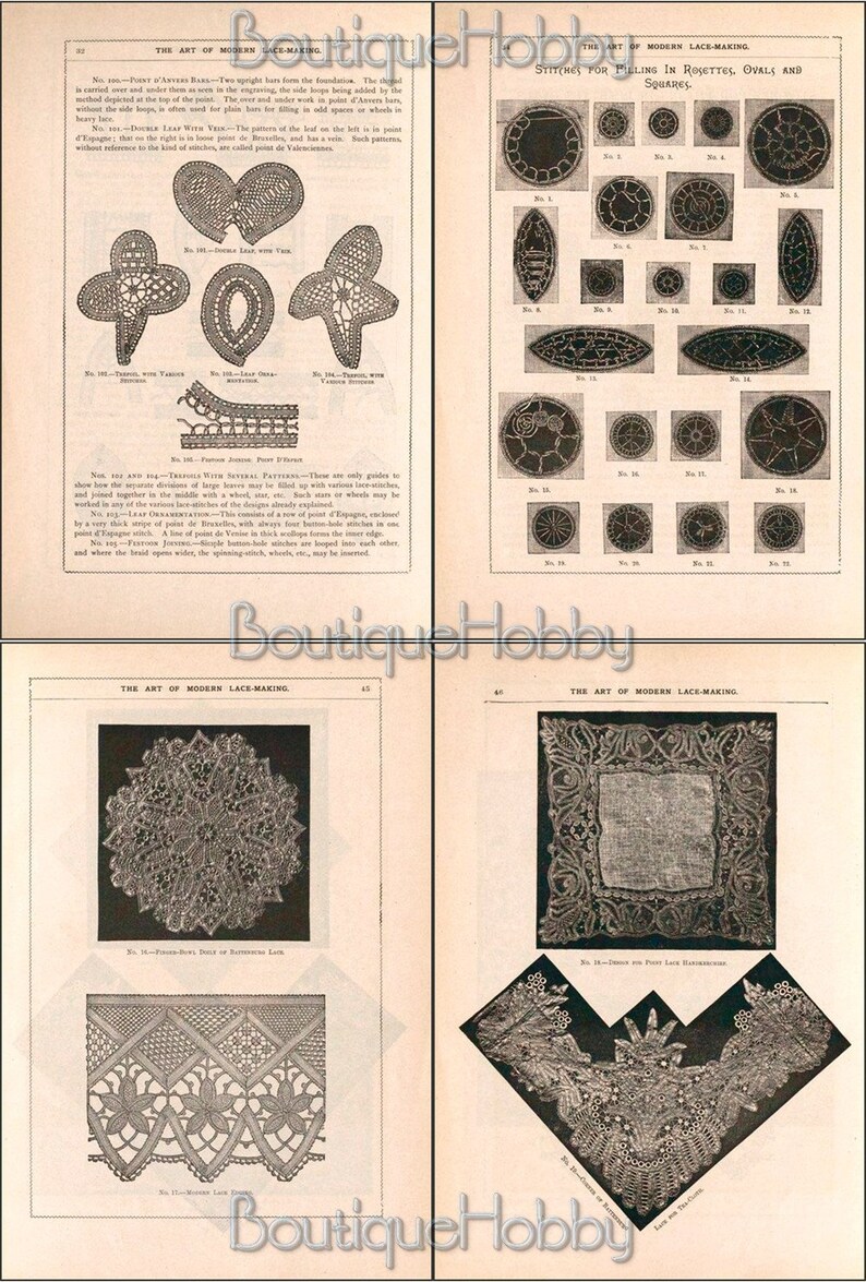 Puede incluir: Una p&aacute;gina de libro vintage con ilustraciones en blanco y negro de patrones de encaje. La p&aacute;gina se titula "El arte del encaje moderno" y muestra varios puntos para rellenar rosettes, &oacute;valos y cuadrados. El libro tambi&eacute;n incluye un patr&oacute;n para un encaje de encaje y un pa&ntilde;uelo de encaje.
