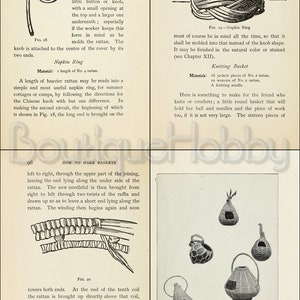 May include: A black and white illustration showing how to make a napkin ring out of rattan. The illustration shows the steps involved in weaving the rattan to create the ring. The text in the image reads "Napkin Ring" and "Material: 1 length of No. 4 rattan."